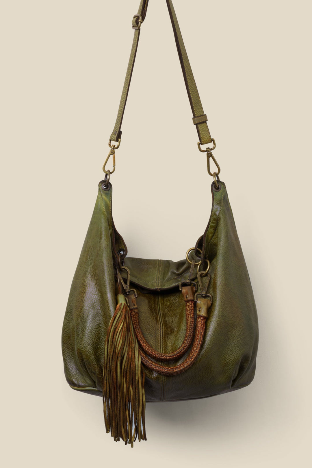 LUSHER BAYSIDE84 CALLA LILY HOBO - GREEN, XL CROSSBODY HOBO, XL HOBO, GREEN LEATHER HOBO, BAYSIDE84 + LUSHER COLLAB, BAYSIDE84 BAGS,