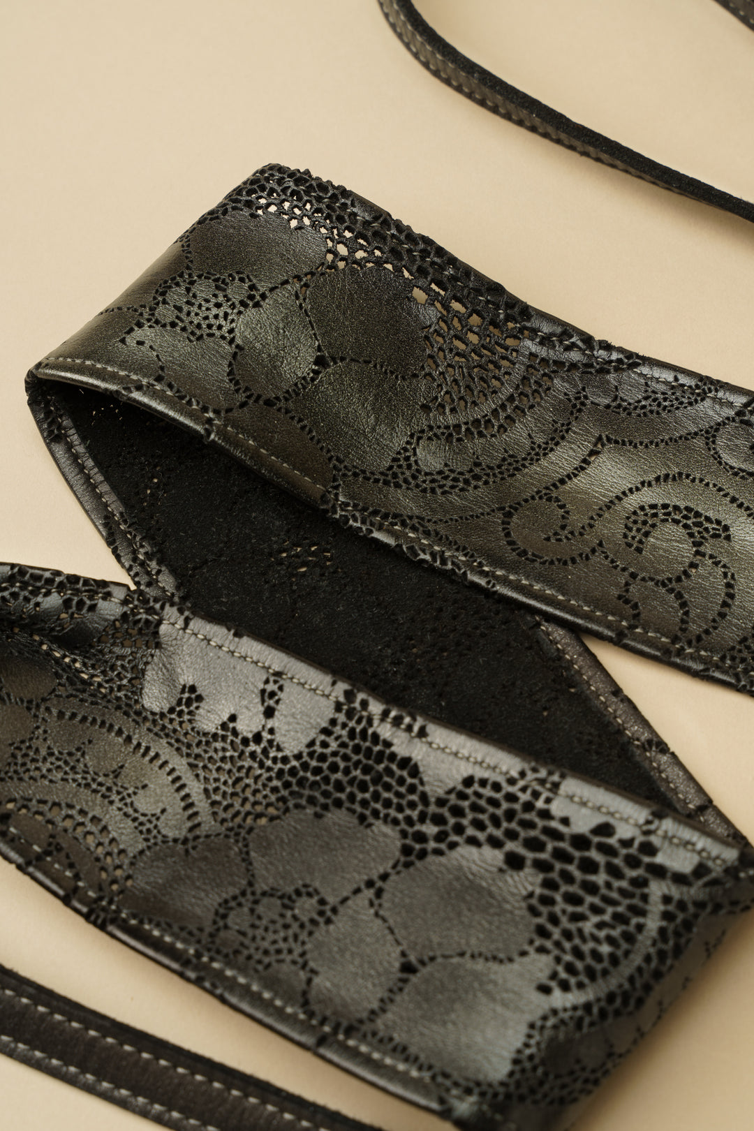 Handcut Leather Lace Wrap Obi Belt - Black