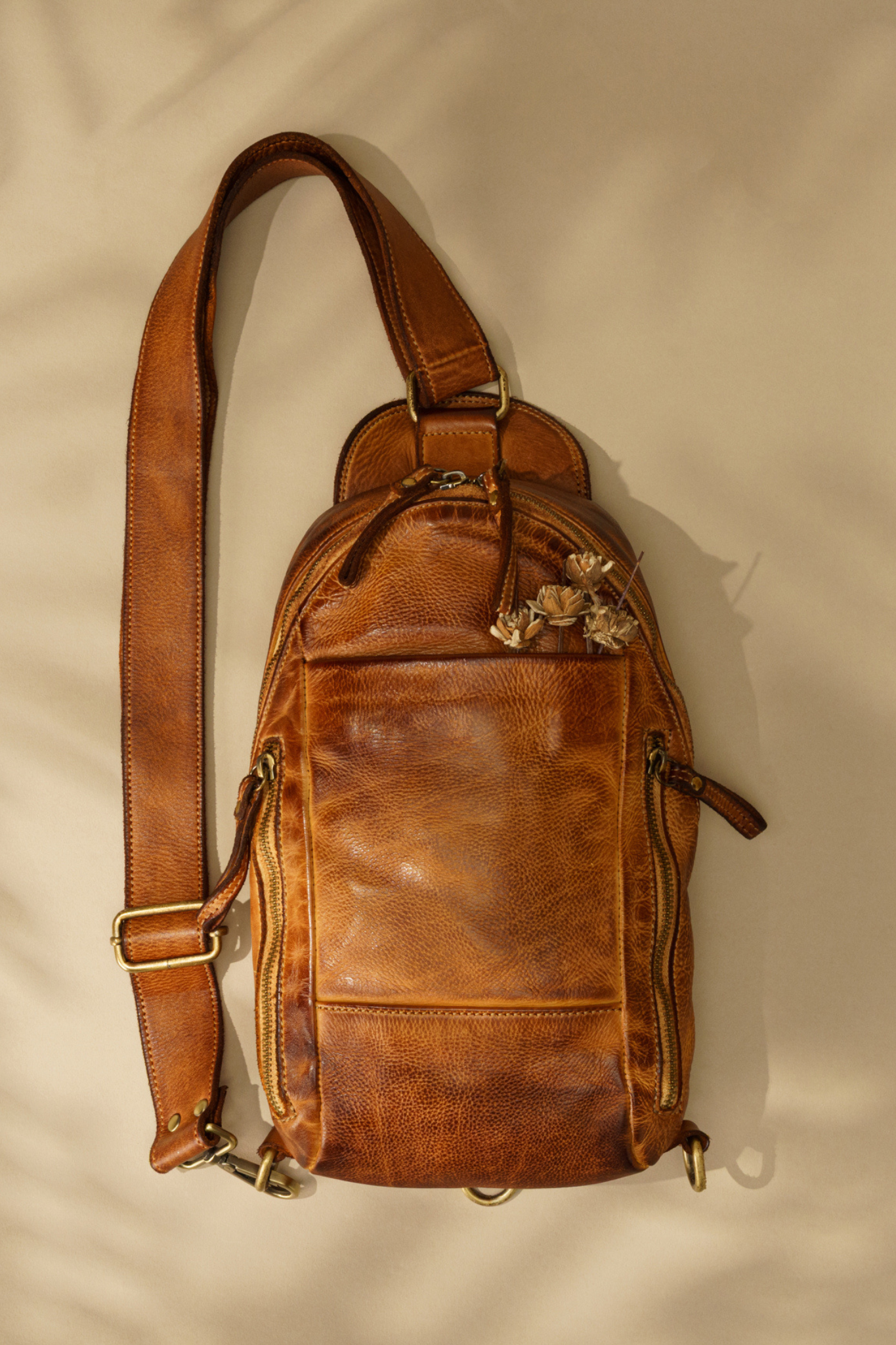 backpack sling leather Vintage Italian Leather Crossbody Sling Bag - Cognac