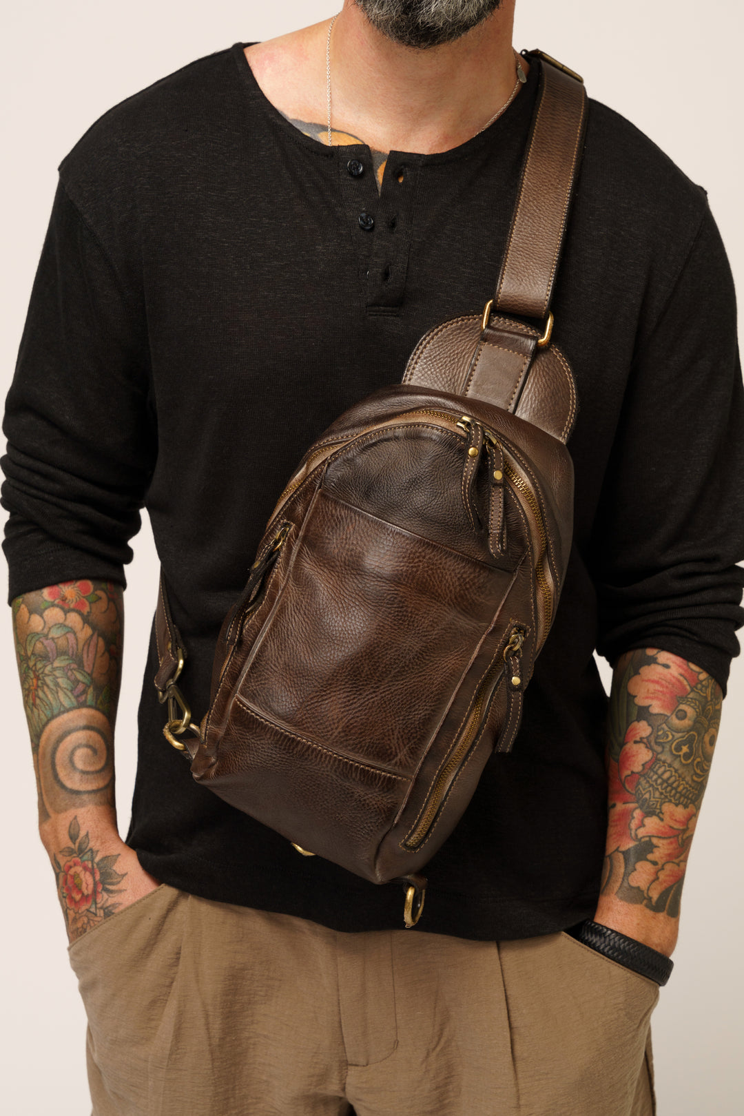 MENS BROWN LEATHER CROSSBODY SLING BAG, MENS BROWN LEATHER CHEST BAG, MENS BROWN TRAVEL BAG,