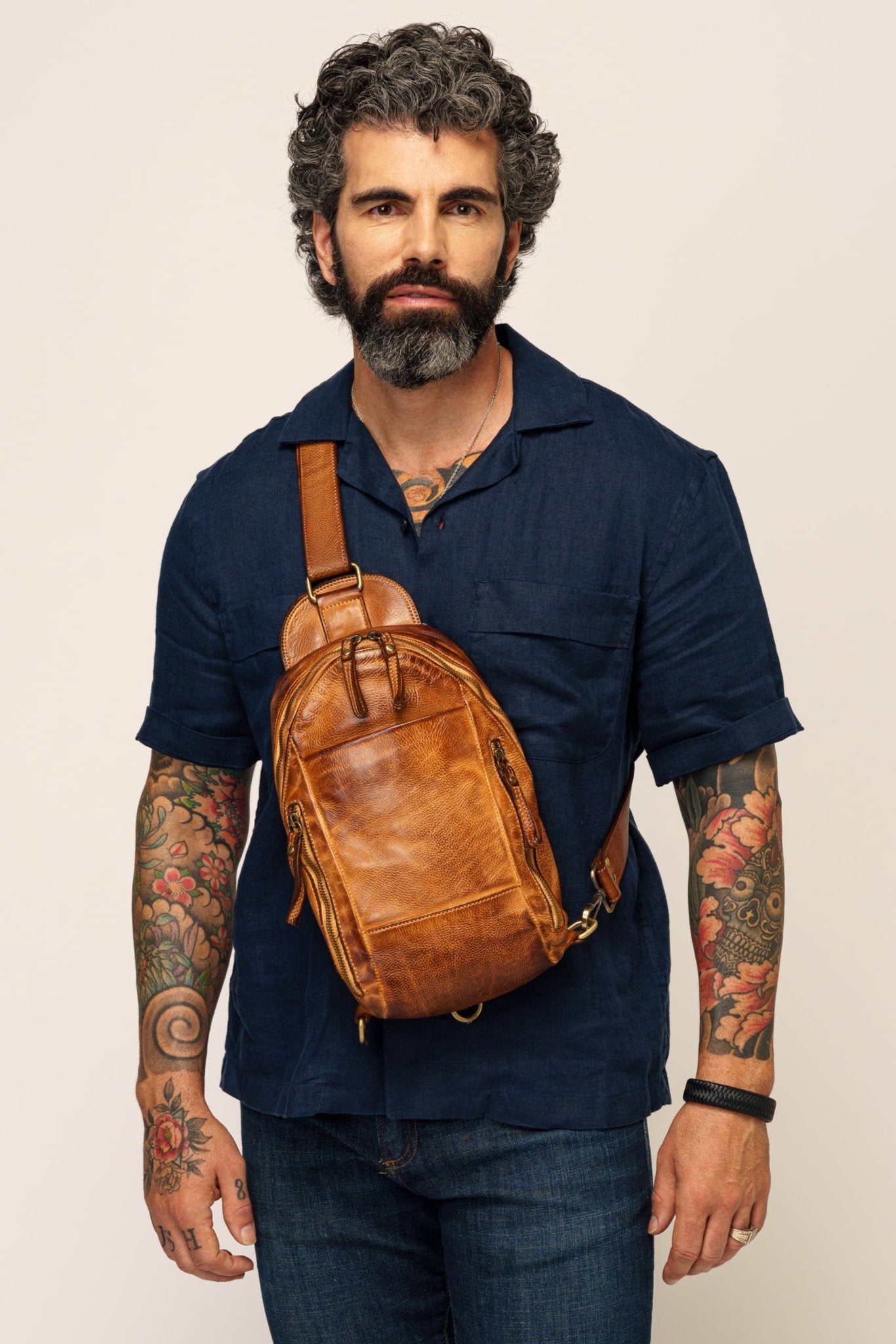 Vintage Italian Leather Crossbody Sling Bag For Men - Cognac