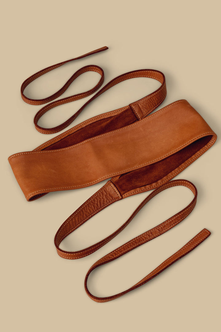 LUSHER LEATHER WRAP OBI BELT, COGNAC LEATHER WRAP OBI BELT, BUTTERY SOFT CALFSKIN LEATHER WRAP BELT, LEATHER KIMONO BELT,