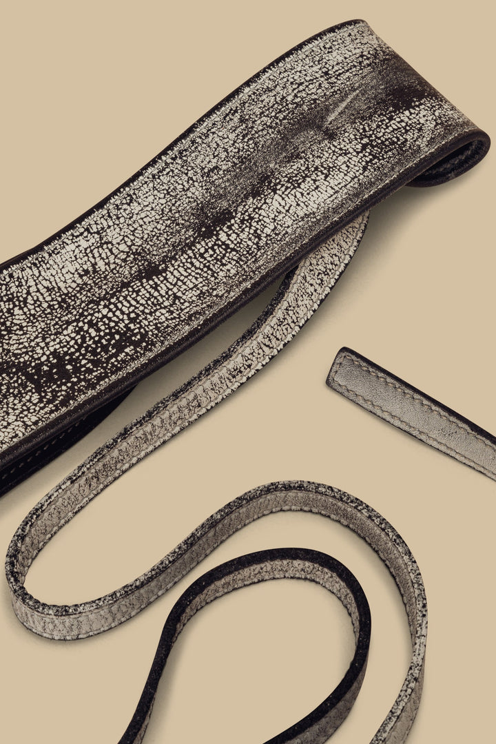LUSHER LEATHER OBI BELT, LUSHER WRAP BELTS, LUSHER BLACK AND WHITE BELT, LUSHER BLACK AND WHITE OBI BELT
