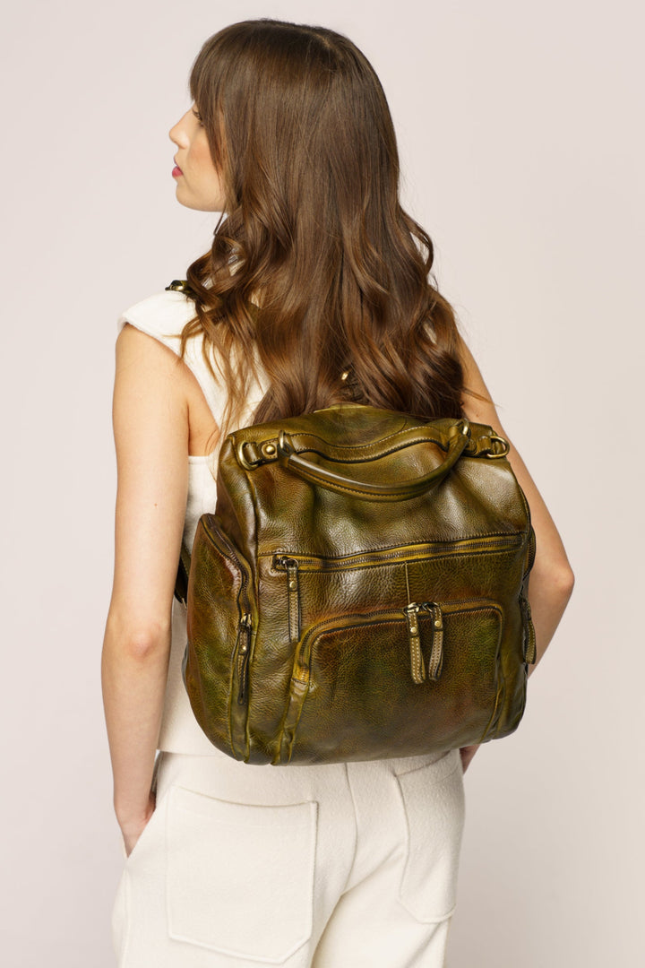 LUSHER QUEST BACKPACK PURSE IN CAMOUFLAGE GREEN, QUEST BACKPACK PURSE GREEN, LUSHER LEATHER BACKPACKS, QUEST BACKPACK