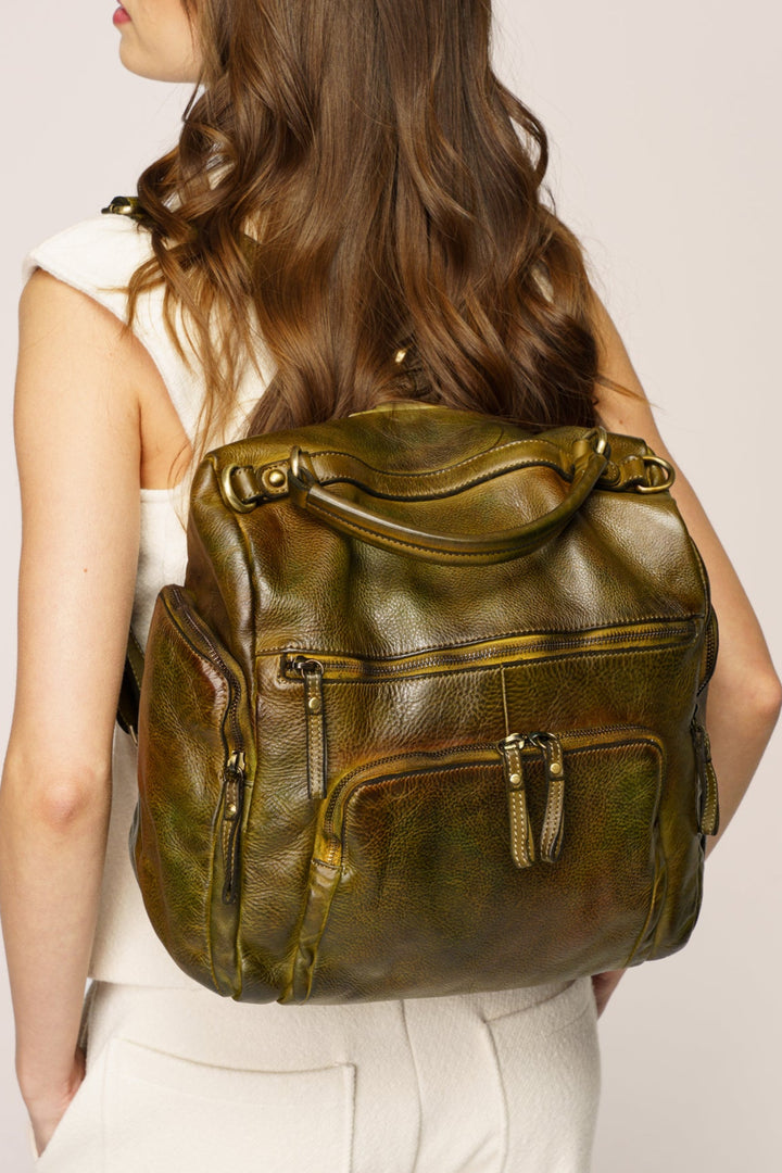 LUSHER QUEST BACKPACK PURSE IN CAMOUFLAGE GREEN, QUEST BACKPACK PURSE GREEN, LUSHER LEATHER BACKPACKS, QUEST BACKPACK