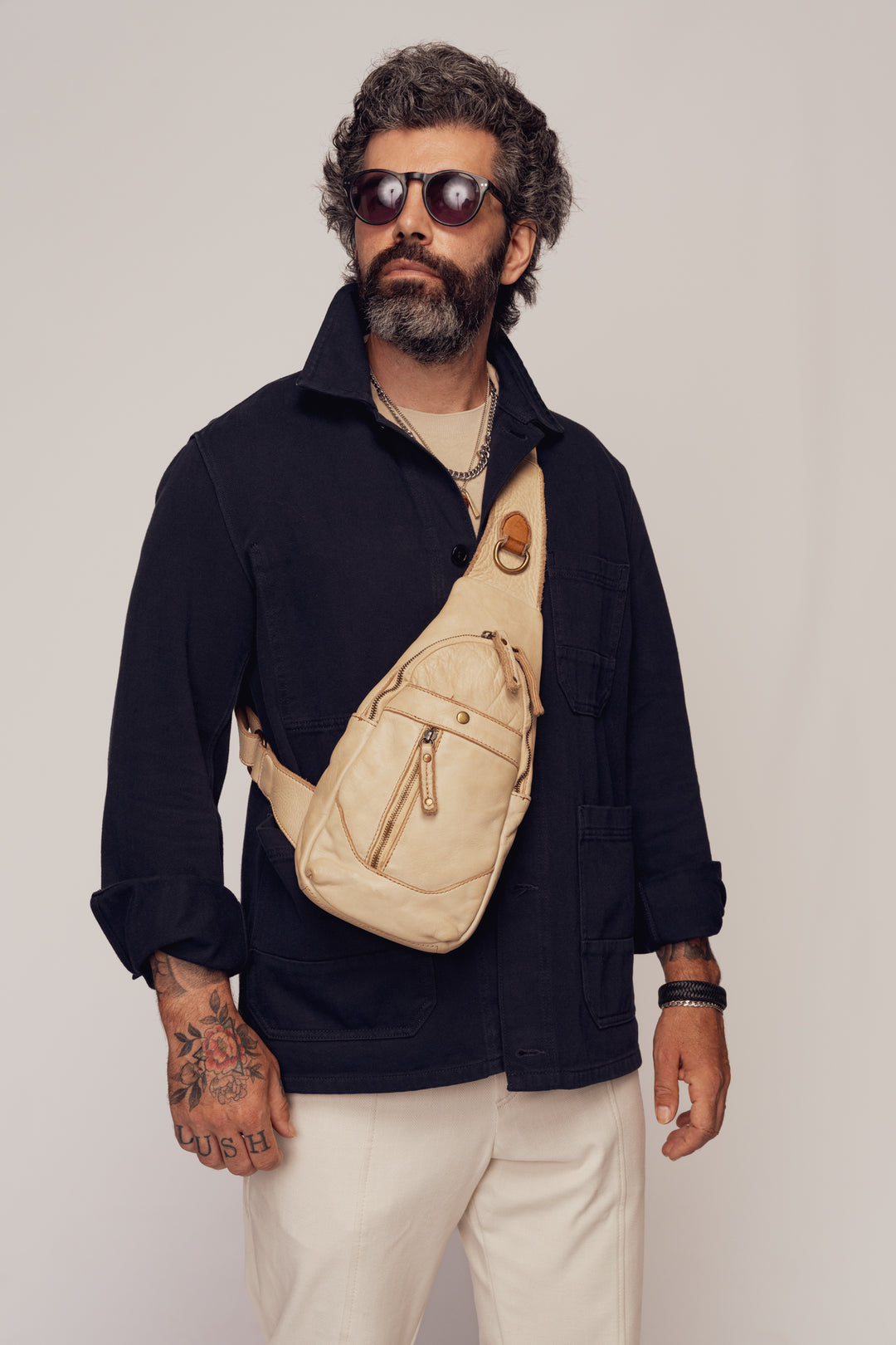 LUSHER ROAM SLING BAG SAND, BEIGE LEATHER SLING BAG, CROSSBODY SLING BAG, MEN'S LEATHER PHONE SLING BAG, MEN'S BEIGE TRAVEL SLING BAG