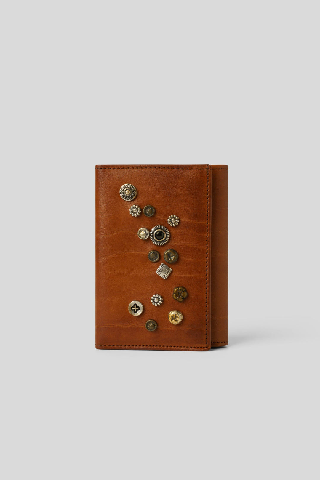 AU79 SMALL STUDDED WALLET COGNAC, LUSHER ITALIAN LEATHER WALLETS, LUXURY ITALIAN LEATHER WALLET COGNAC, STUDDED WALLET