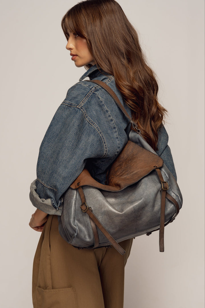 Vintage Denim, Blue Leather Messenger  Crossbody Bag with Brown Flap, LUSHER AU79 Messenger Crossbody Bag Blue, benton messenger denim