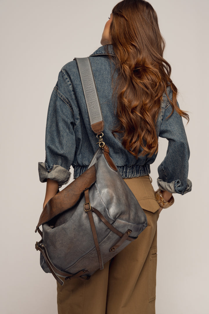 Lusher Messenger and Crossbody Bag Vintage denim, Blue leather messenger with brown leather flap, benton messenger blue