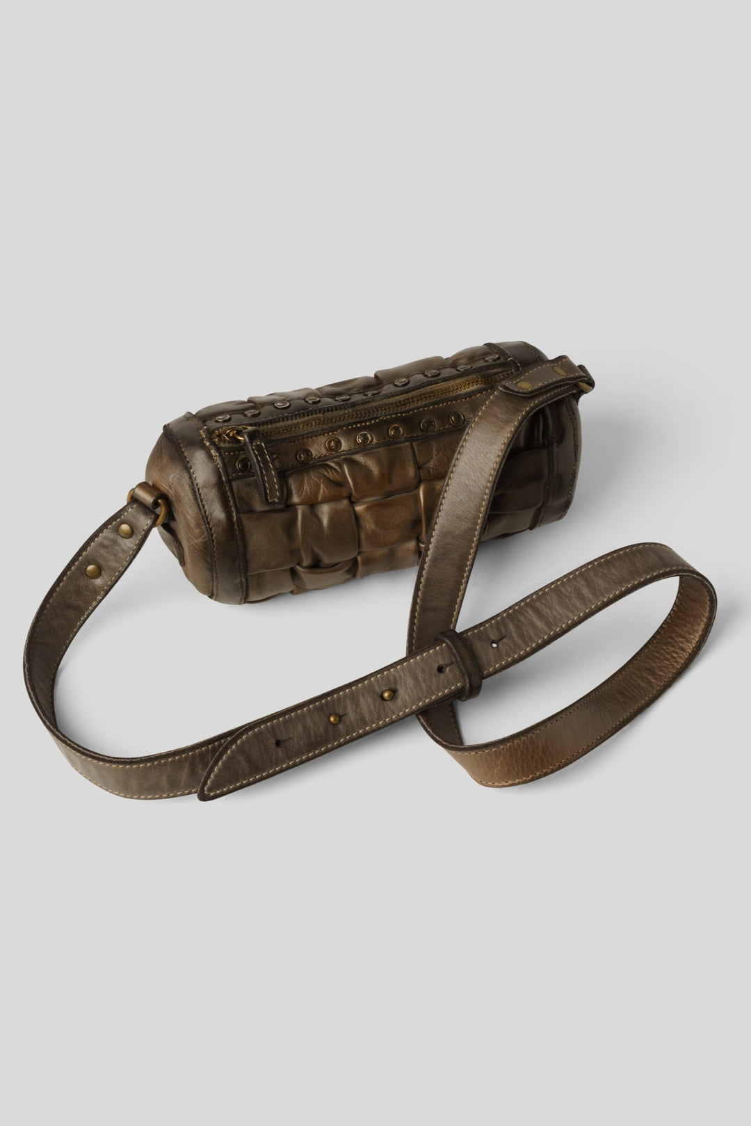 LUSHER MINI WOVEN BARREL CROSSBODY BAG, ROUND WOVEN BAG, MINI WOVEN BARREL BAG, AU79 WOVEN LEATHER BARREL BAG, BROWN WOVEN LEATHER BAG