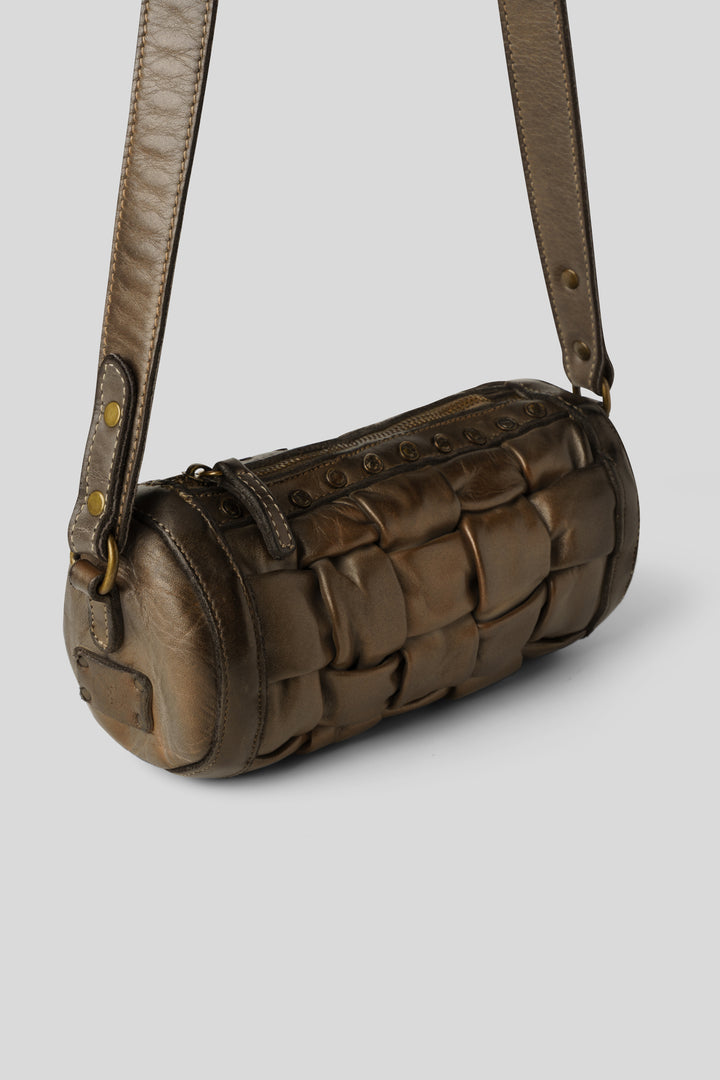 LUSHER MINI WOVEN BARREL CROSSBODY BAG, ROUND WOVEN BAG, MINI WOVEN BARREL BAG, AU79 WOVEN LEATHER BARREL BAG, BROWN WOVEN LEATHER BAG