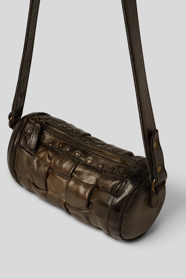 LUSHER MINI WOVEN BARREL CROSSBODY BAG, ROUND WOVEN BAG, MINI WOVEN BARREL BAG, AU79 WOVEN LEATHER BARREL BAG, BROWN WOVEN LEATHER BAG