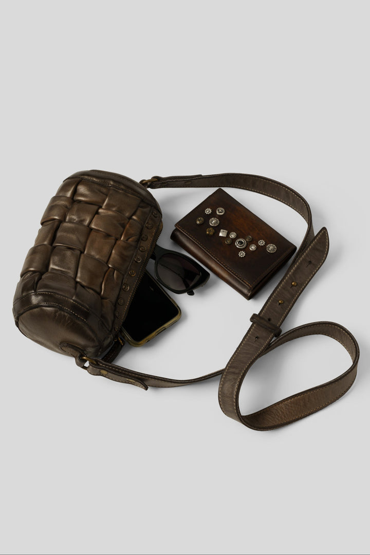 LUSHER MINI WOVEN BARREL CROSSBODY BAG, ROUND WOVEN BAG, MINI WOVEN BARREL BAG, AU79 WOVEN LEATHER BARREL BAG, BROWN WOVEN LEATHER BAG