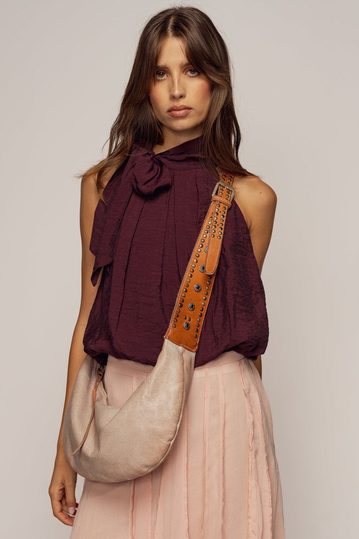 LUSHER MUSE SLING BAG, LUSHER BLUSH SLING BAG, LUSHER LEATHER SLING BAGS, BLUSH PINK LEATHER SLING BAG, STUDDED LEATHER SLING BAG, LUXURY FEMININE SLING BAG