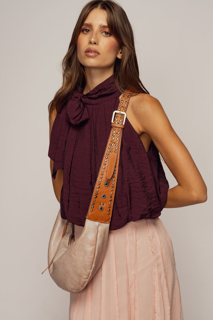 LUSHER MUSE SLING BAG, LUSHER BLUSH SLING BAG, LUSHER LEATHER SLING BAGS, BLUSH PINK LEATHER SLING BAG, STUDDED LEATHER SLING BAG, LUXURY FEMININE SLING BAG