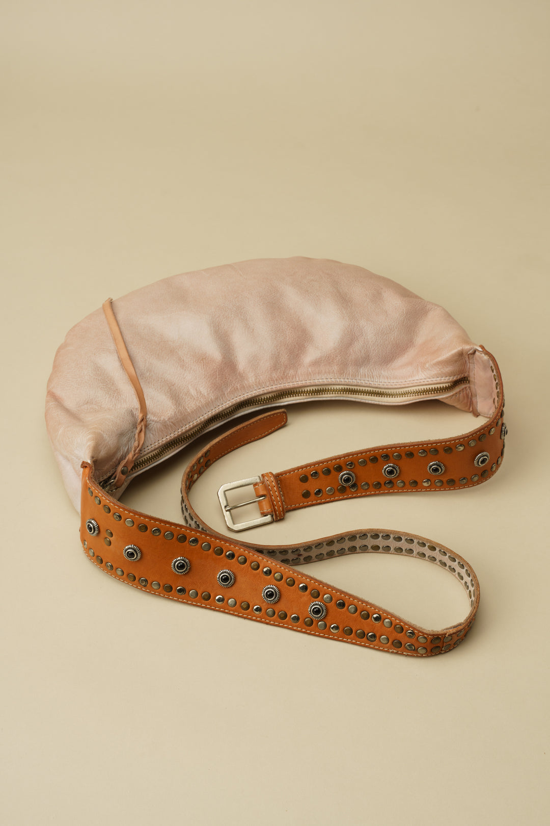 LUSHER MUSE SLING BAG, LUSHER BLUSH SLING BAG, LUSHER LEATHER SLING BAGS, BLUSH PINK LEATHER SLING BAG, STUDDED LEATHER SLING BAG, LUXURY FEMININE SLING BAG