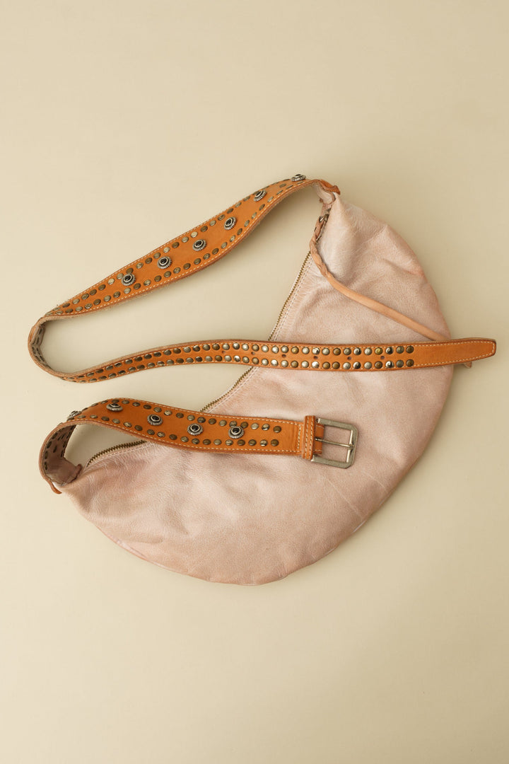 LUSHER MUSE SLING BAG, LUSHER BLUSH SLING BAG, LUSHER LEATHER SLING BAGS, BLUSH PINK LEATHER SLING BAG, STUDDED LEATHER SLING BAG, LUXURY FEMININE SLING BAG