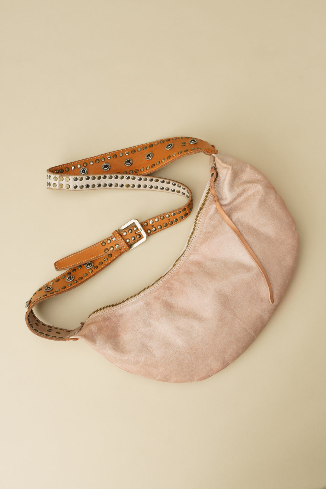 LUSHER MUSE SLING BAG, LUSHER BLUSH SLING BAG, LUSHER LEATHER SLING BAGS, BLUSH PINK LEATHER SLING BAG, STUDDED LEATHER SLING BAG, LUXURY FEMININE SLING BAG