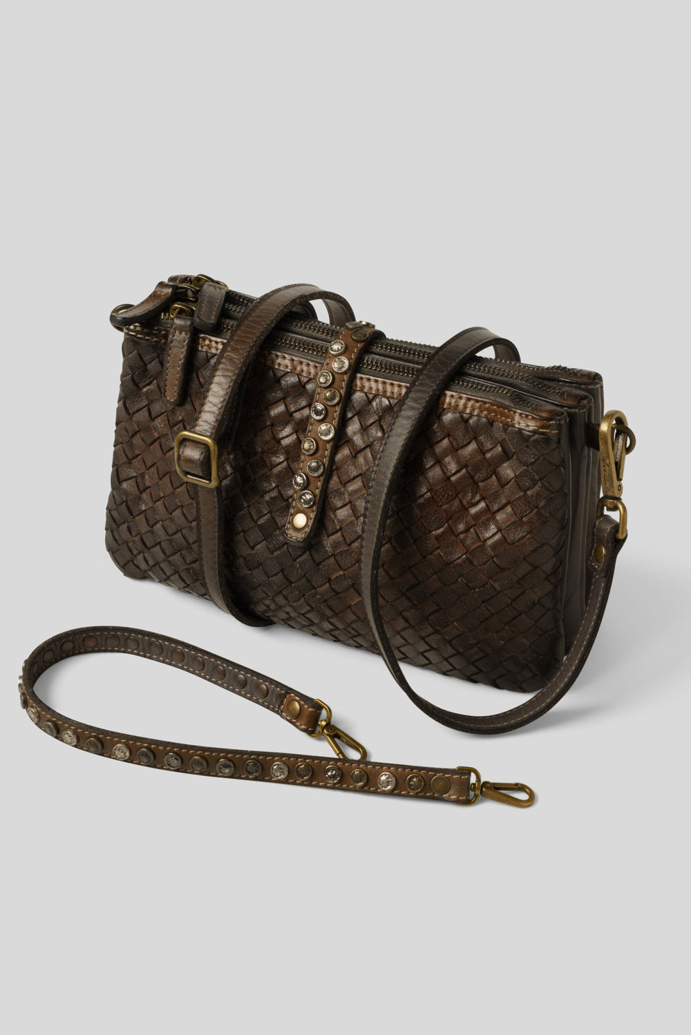 LUSHER WOVEN LEATHER CONVERTIBLE BAG, WOVEN LEATHER CROSSBODY CLUTCH, BROWN WOVEN LEATHER EVENING BAG WITH STUDS, STUDDED WOVEN LEATHER CLUTCH CROSSBODY SHOULDER BAG