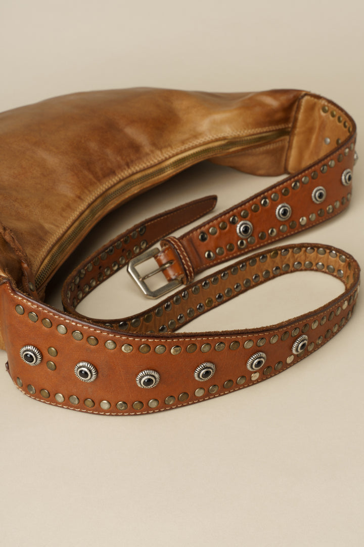 LUSHER MUSE SLING BAG, LUSHER AU79 MUSE SLING BAG CARAMEL, STUDDED VEGETABLE TANNED CROSSBODY SLING BAG