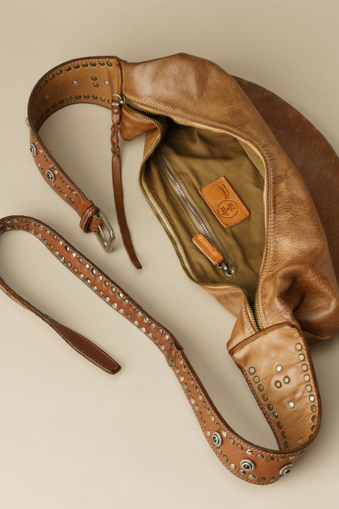 LUSHER MUSE SLING BAG, LUSHER AU79 MUSE SLING BAG CARAMEL, STUDDED VEGETABLE TANNED CROSSBODY SLING BAG