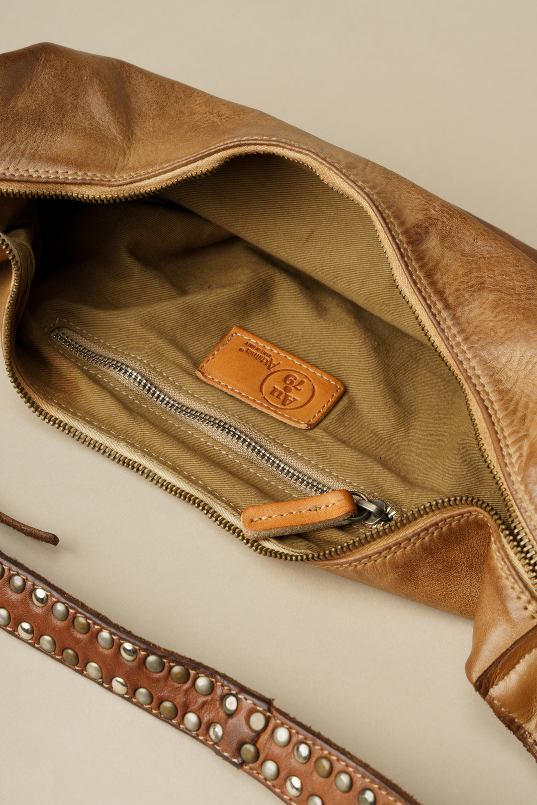 LUSHER MUSE SLING BAG, LUSHER AU79 MUSE SLING BAG CARAMEL, STUDDED VEGETABLE TANNED CROSSBODY SLING BAG