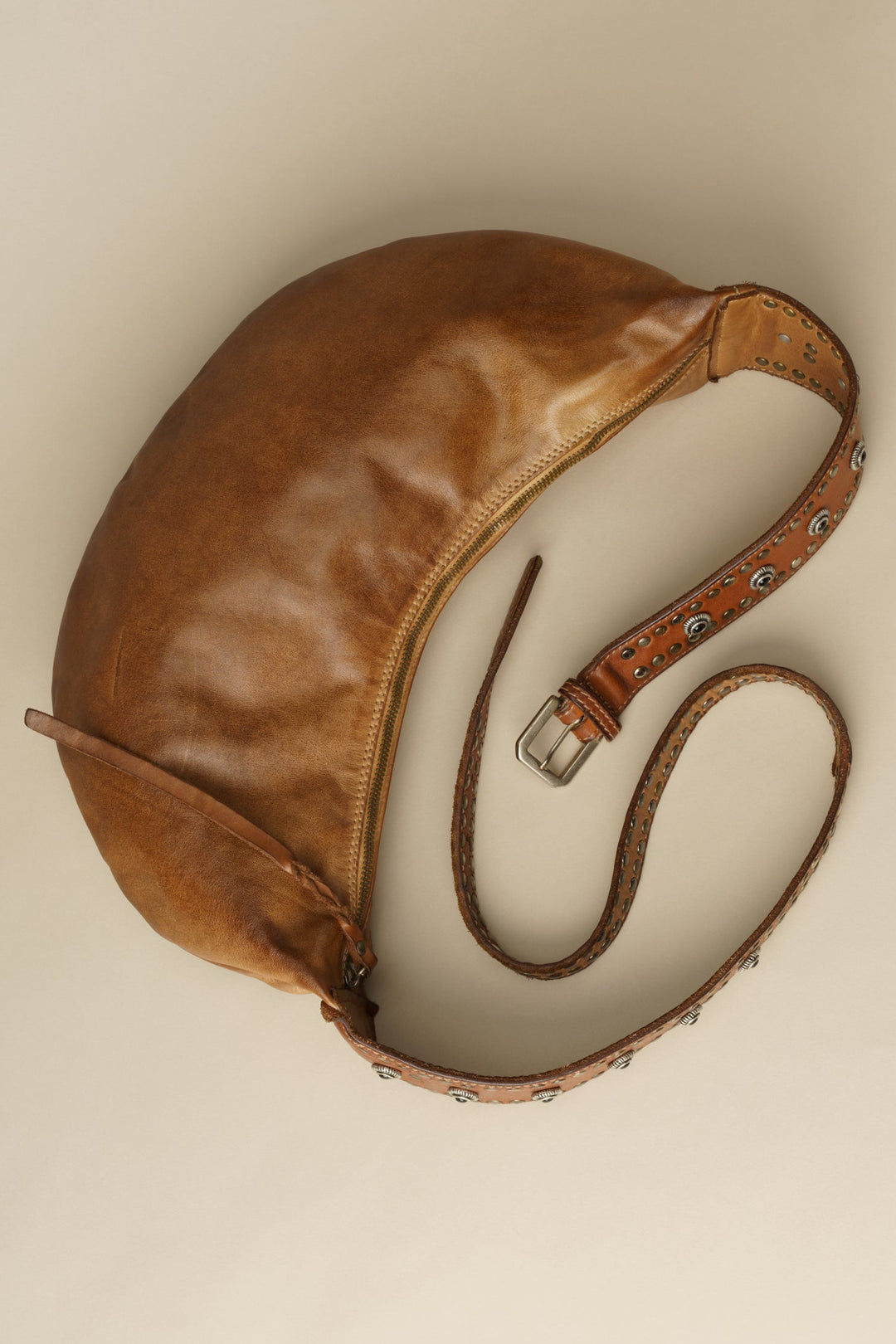 LUSHER MUSE SLING BAG, LUSHER AU79 MUSE SLING BAG CARAMEL, STUDDED VEGETABLE TANNED CROSSBODY SLING BAG