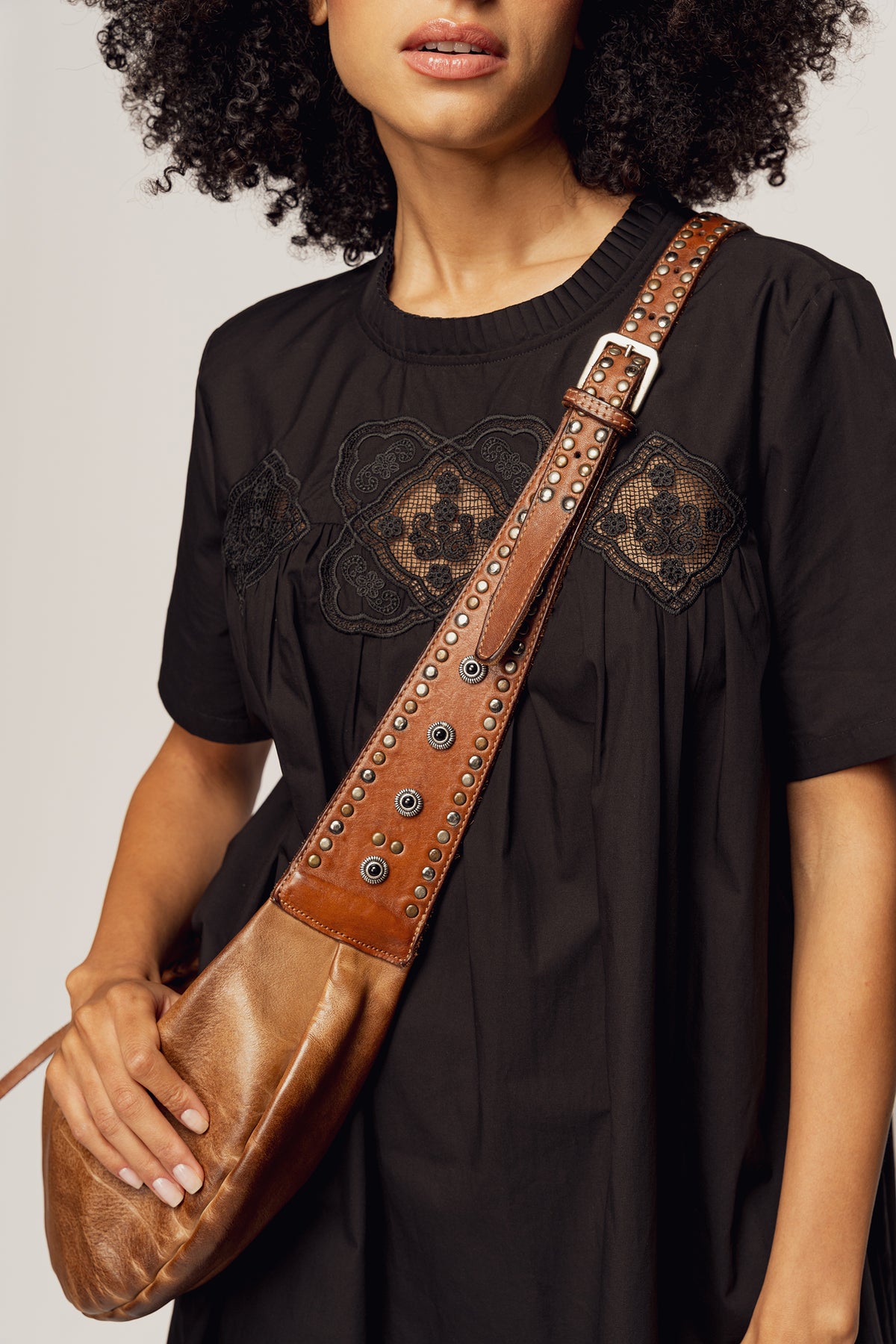 Italian Leather Vegetabled-Tanned Studded Crossbody Sling Bag