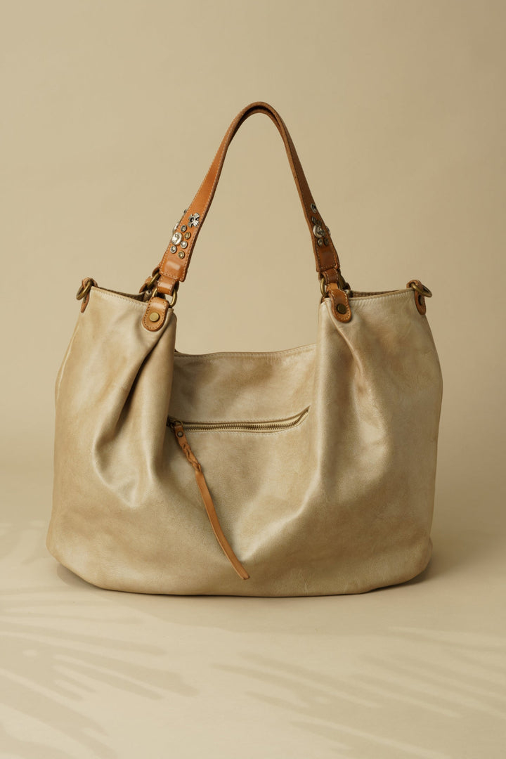 Lusher Studded Slouchy Hobo, AU79 slouchy hobo corda, LUSHER AU79 COLLAB HOBO, TAN LEATHER HOBO WITH STUDDED STRAPS, VEGETABLE TANNED LUXURY SOFT LEATHER HOBO, 