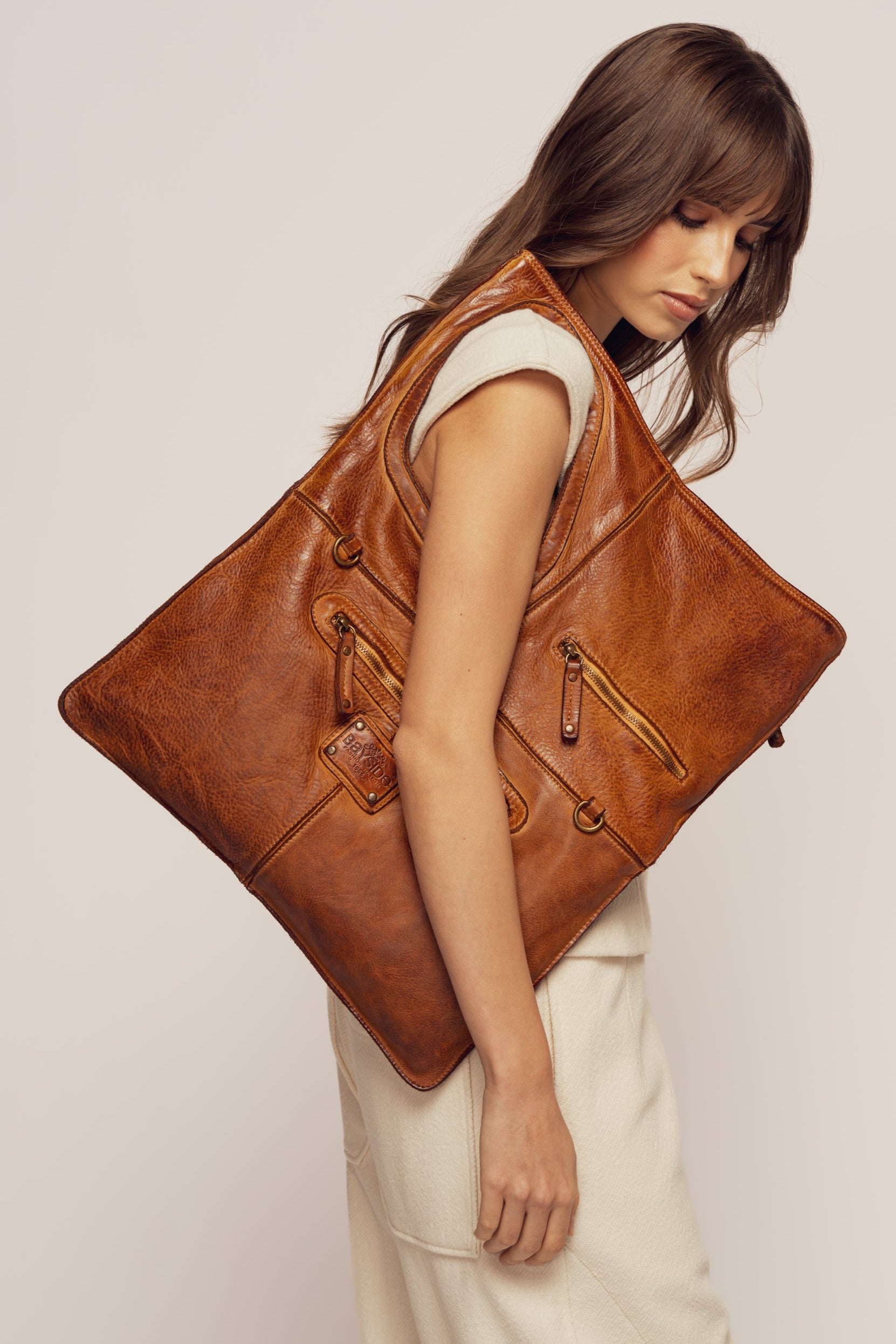 Italian Leather Convertible Shoulder Crossbody Bag - Cognac