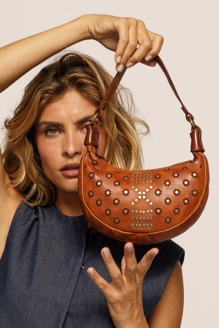LUSHER BAYSIDE84 MINI MOON BAG WITH STUDS, COGNAC LEATHER  MINI BAG, COGNAC CROSSBODY MINI BAG, MOON SHAPED MINI BAG AND CROSSBODY