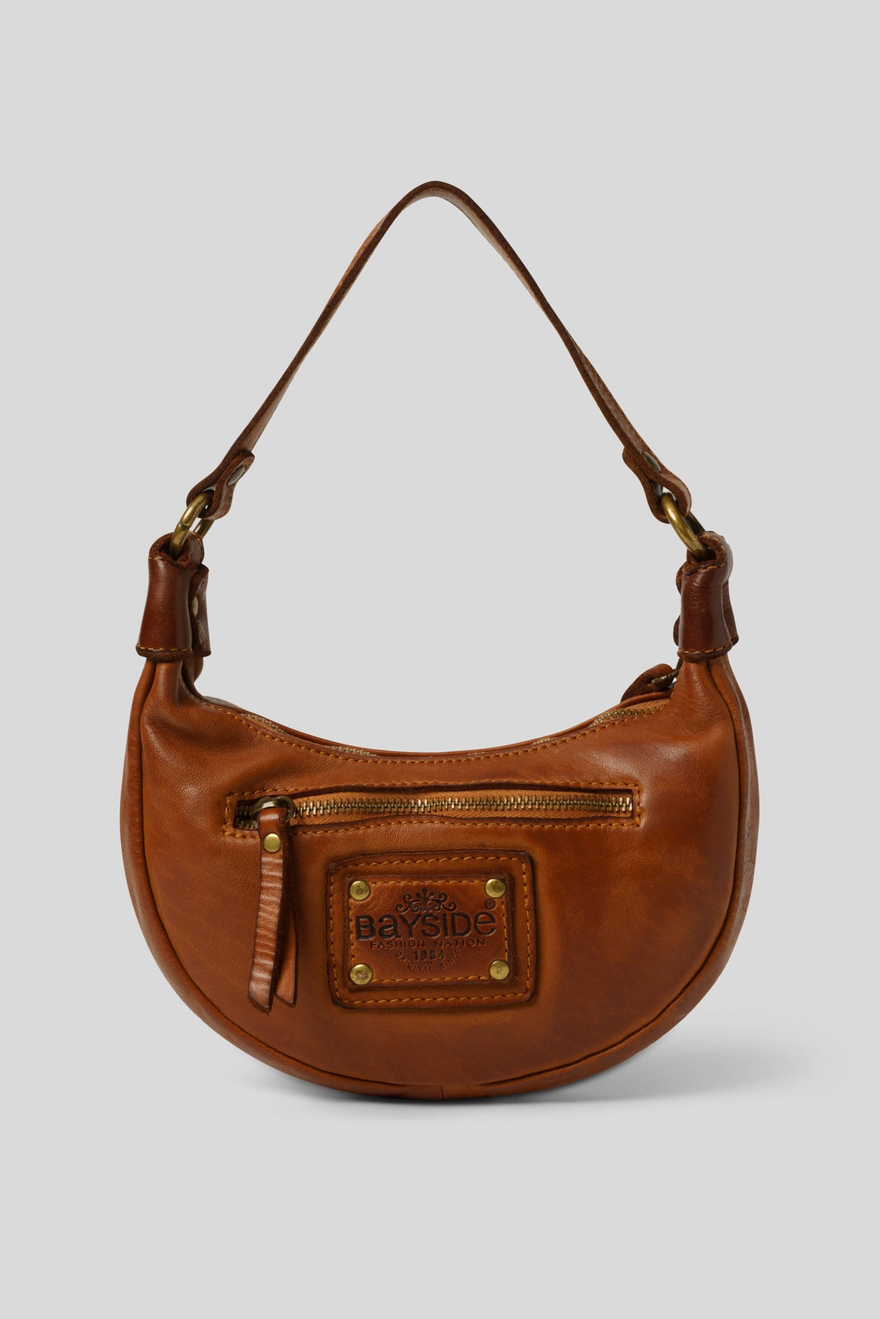 Italian Leather Studded Mini Half Moon & Crossbody Bag - Cognac