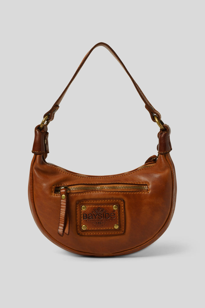 LUSHER BAYSIDE84 MINI MOON BAG WITH STUDS, COGNAC LEATHER  MINI BAG, COGNAC CROSSBODY MINI BAG, MOON SHAPED MINI BAG AND CROSSBODY