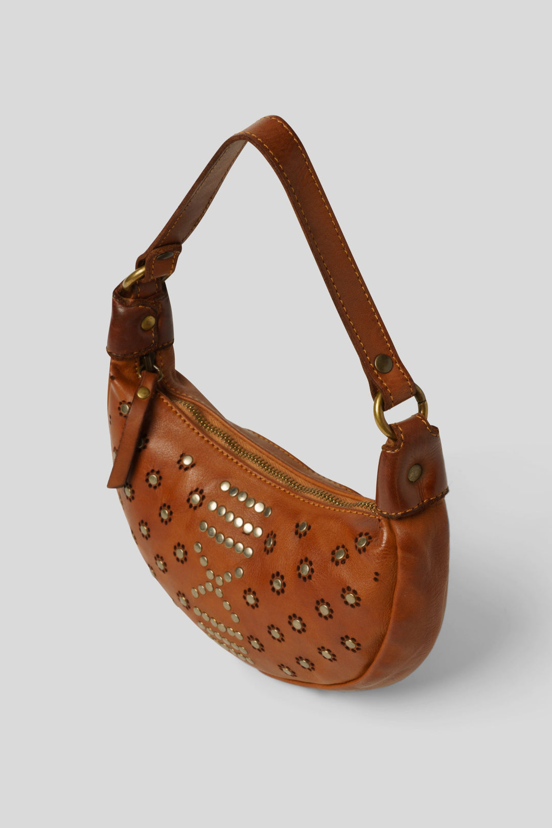 LUSHER BAYSIDE84 MINI MOON BAG WITH STUDS, COGNAC LEATHER  MINI BAG, COGNAC CROSSBODY MINI BAG, MOON SHAPED MINI BAG AND CROSSBODY