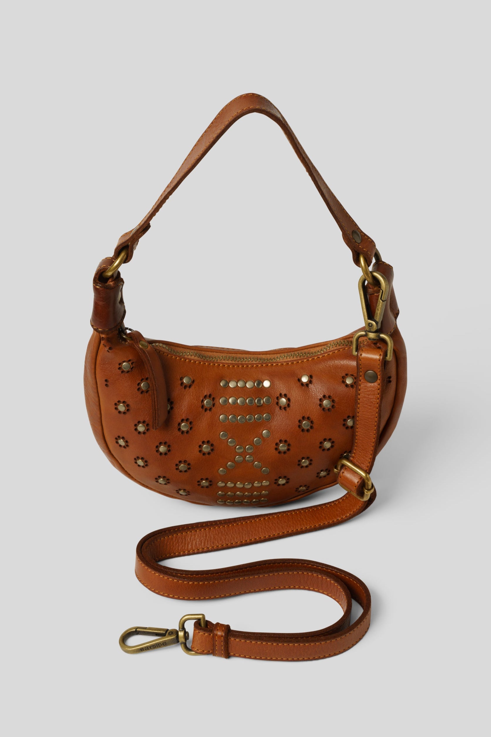 sta patricia ブラウンレザーバッグ　muse購入 Italian Leather Studded Mini Half Moon & Crossbody Bag - Cognac