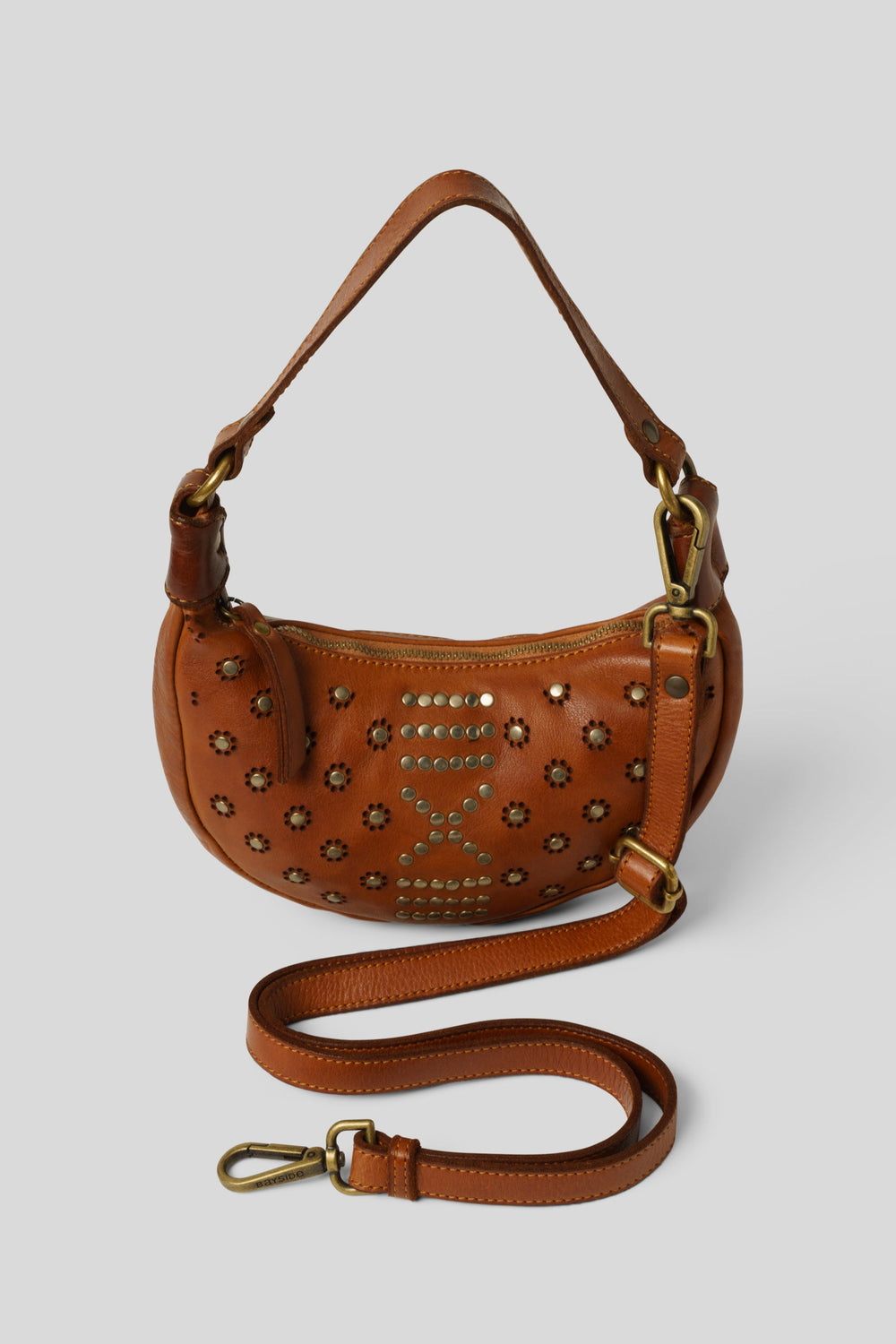 LUSHER BAYSIDE84 MINI MOON BAG WITH STUDS, COGNAC LEATHER  MINI BAG, COGNAC CROSSBODY MINI BAG, MOON SHAPED MINI BAG AND CROSSBODY