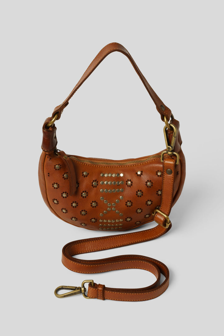 LUSHER BAYSIDE84 MINI MOON BAG WITH STUDS, COGNAC LEATHER  MINI BAG, COGNAC CROSSBODY MINI BAG, MOON SHAPED MINI BAG AND CROSSBODY