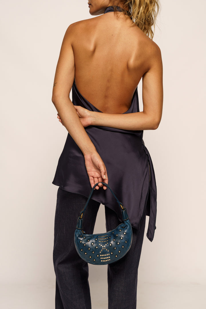 LUSHER BAYSIDE84 MINI MOON BAG BLUE, BLUE MINI CROSSBODY BAG, MINI BAG MOON SHAPED, MOON CROSSBODY BAG, BLUE STUDDED MINI BAG