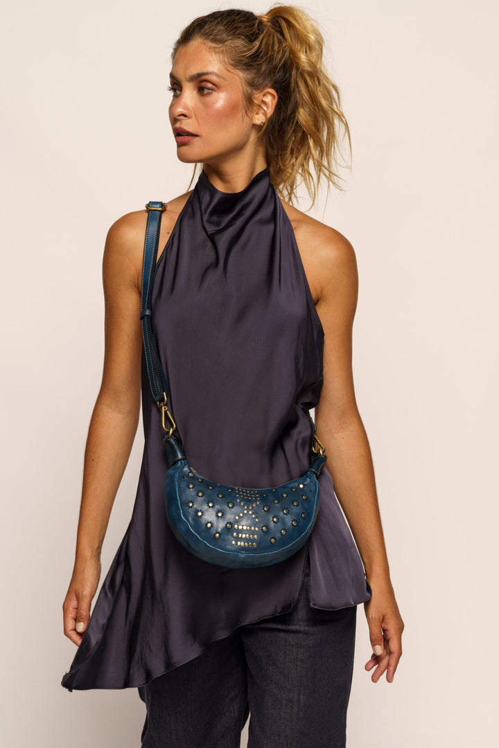 LUSHER BAYSIDE84 MINI MOON BAG BLUE, BLUE MINI CROSSBODY BAG, MINI BAG MOON SHAPED, MOON CROSSBODY BAG, BLUE STUDDED MINI BAG