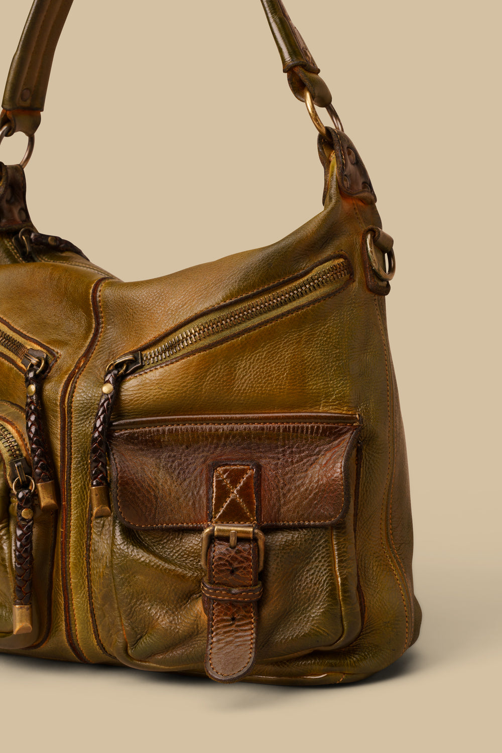 LUSHER MULTIPOCKET SHOULDER BAG IN CAMOUFLAGE GREEN, LUSHER BAYSIDE84 COLLAB COLLECTION, BAYSIDE84 GREEN MULTI-POCKET BAG, LEATHER MULTI-POCKET PURSE