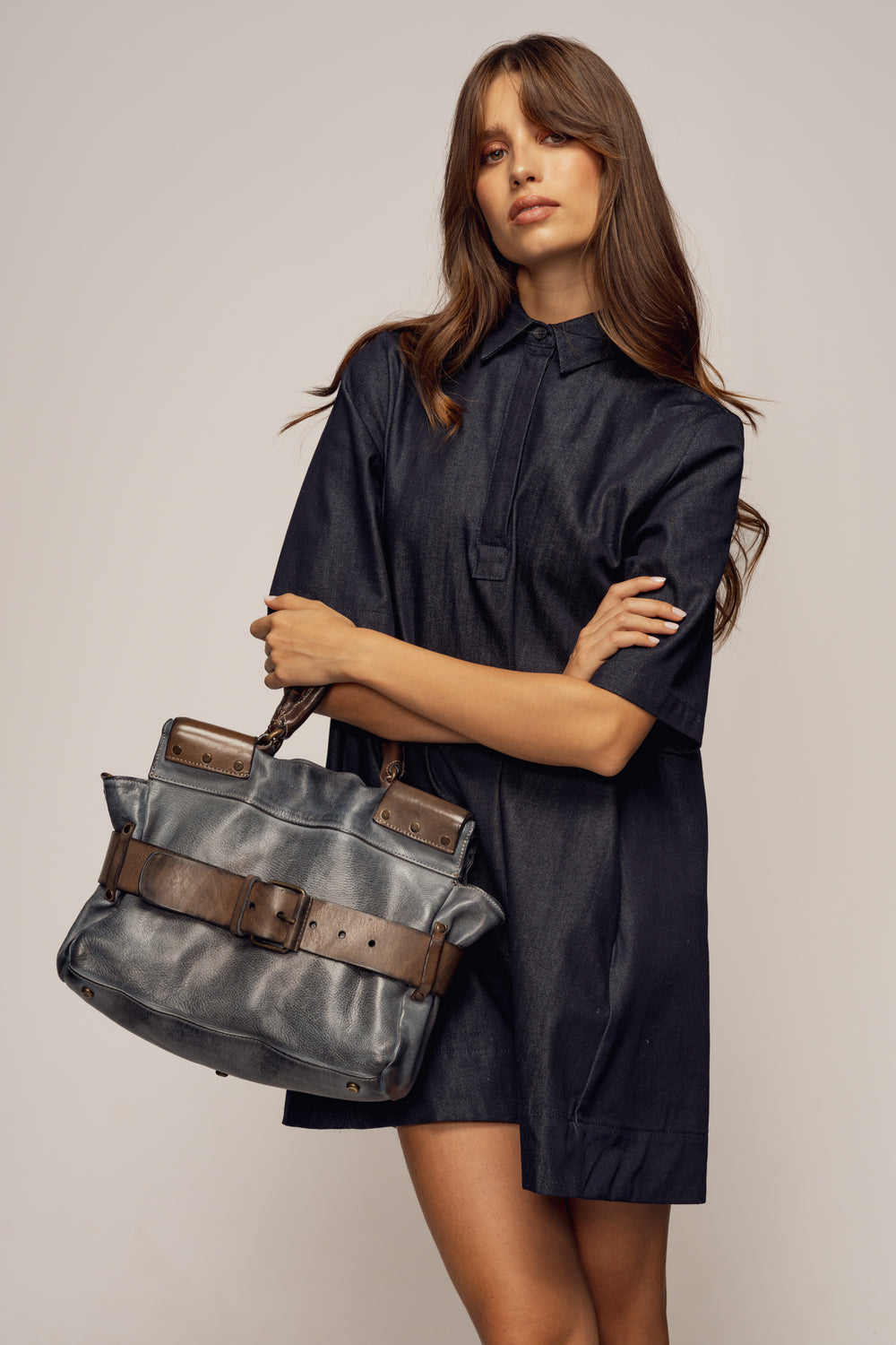 LUSHER BELTED TOTE VINTAGE DENIM, MINI BELTED TOTE BLUE