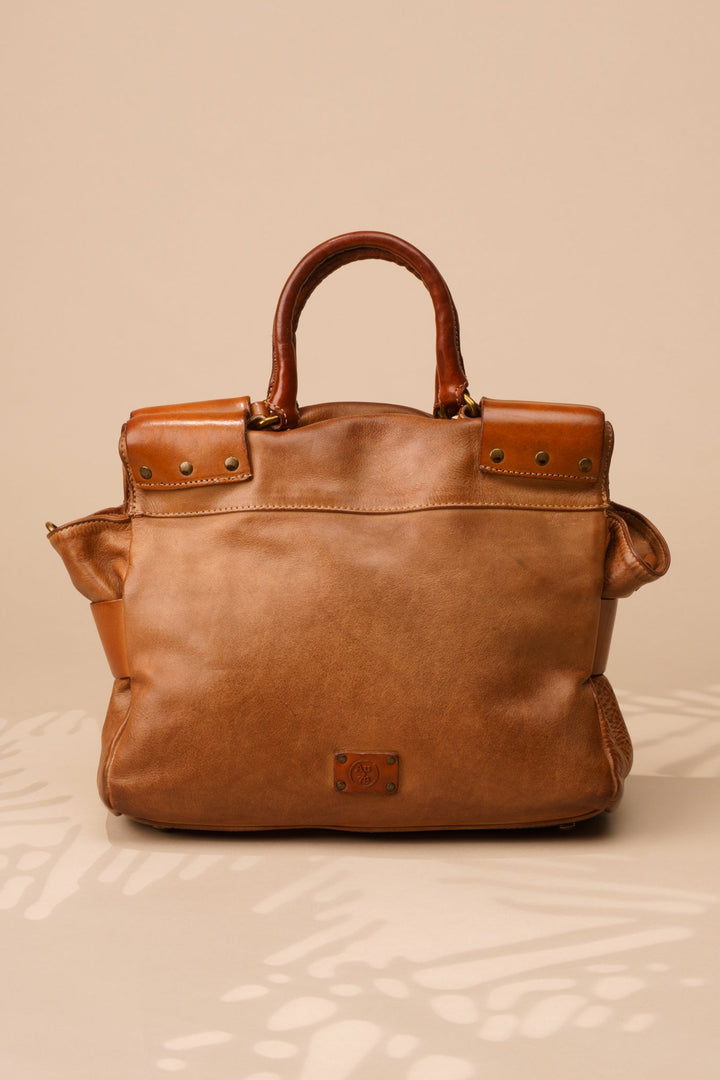 BELTED TOTE - COGNAC | LUSHER - BACK OF BAG 