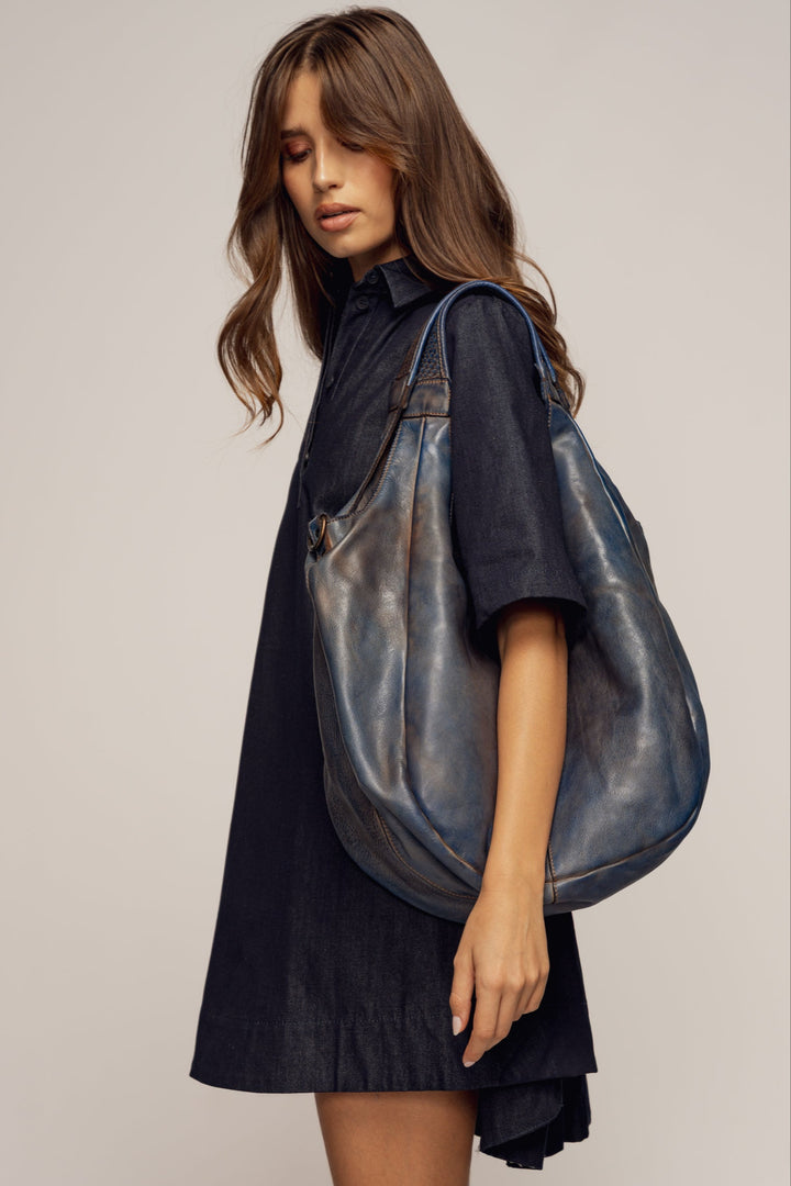 LUSHER CARRYALL HOBO BLUE, LUSHER BAYSIDE84 COLLAB CARRYALL HOBO, BLUE LEATHER HOBO, XL LEATHER HOBO, CROSSBODY HOBO BAG, SOFT SLOUCHY HOBO CROSSBODY