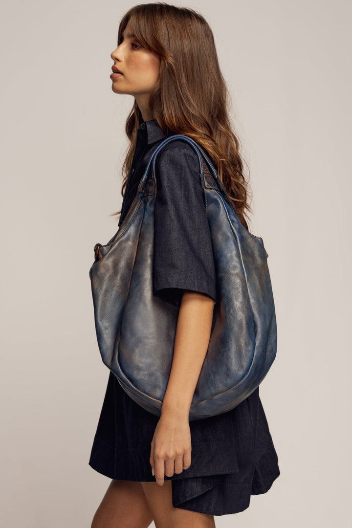 LUSHER CARRYALL HOBO BLUE, LUSHER BAYSIDE84 COLLAB CARRYALL HOBO, BLUE LEATHER HOBO, XL LEATHER HOBO, CROSSBODY HOBO BAG, SOFT SLOUCHY HOBO CROSSBODY