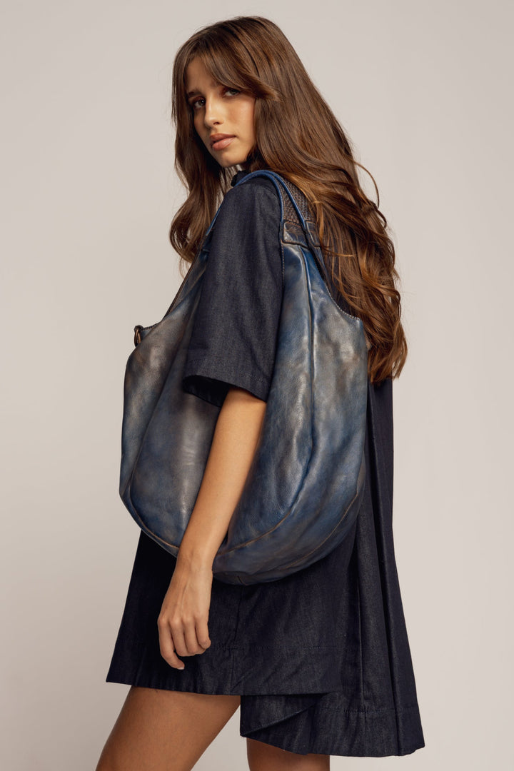 LUSHER CARRYALL HOBO BLUE, LUSHER BAYSIDE84 COLLAB CARRYALL HOBO, BLUE LEATHER HOBO, XL LEATHER HOBO, CROSSBODY HOBO BAG, SOFT SLOUCHY HOBO CROSSBODY