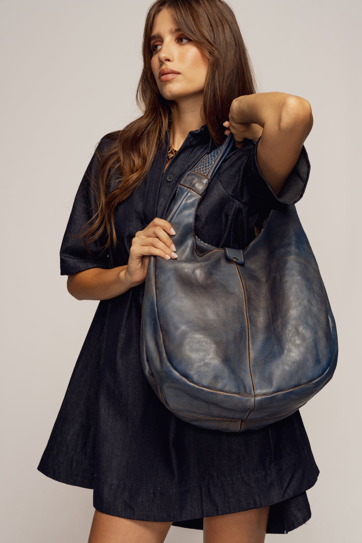 LUSHER CARRYALL HOBO BLUE, LUSHER BAYSIDE84 COLLAB CARRYALL HOBO, BLUE LEATHER HOBO, XL LEATHER HOBO, CROSSBODY HOBO BAG, SOFT SLOUCHY HOBO CROSSBODY