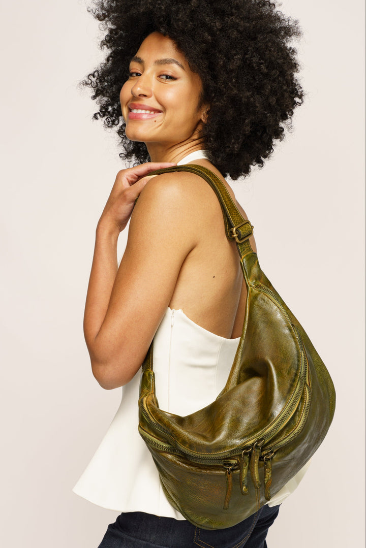 LUSHER CITY SLING BAG CAMOUFLAGE GREEN, LUSHER BAYSIDE84 XL CROSSBODY SLING BAG, XL SOFT SLOUCHY LEATHER SLING BAG LUSHER LEATHER, CAMOUFLAGE GREEN LEATHER SLING BAG, 