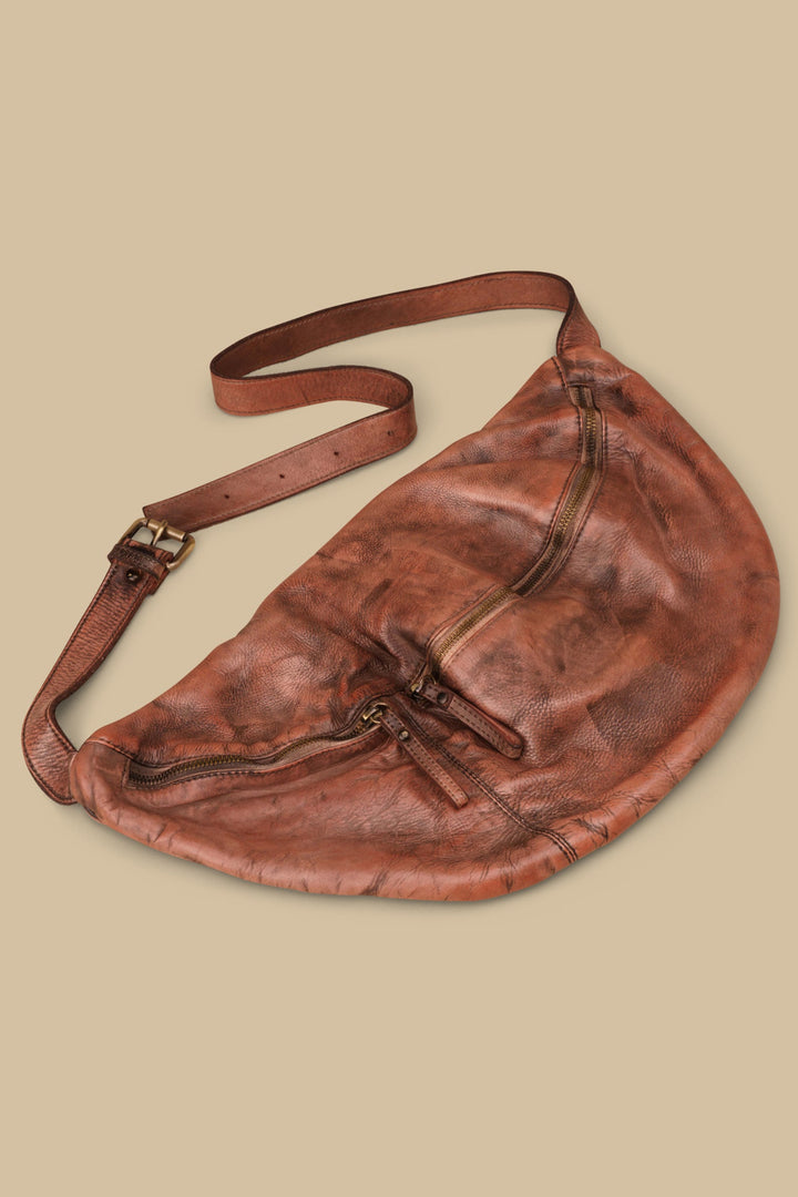 LUSHER LEATHER CITY SLING BAG IN GRAFFITI BLUSH, LUSHER BLUSH LEATHER SLING BAG, LUSHER XL SLING BAGS