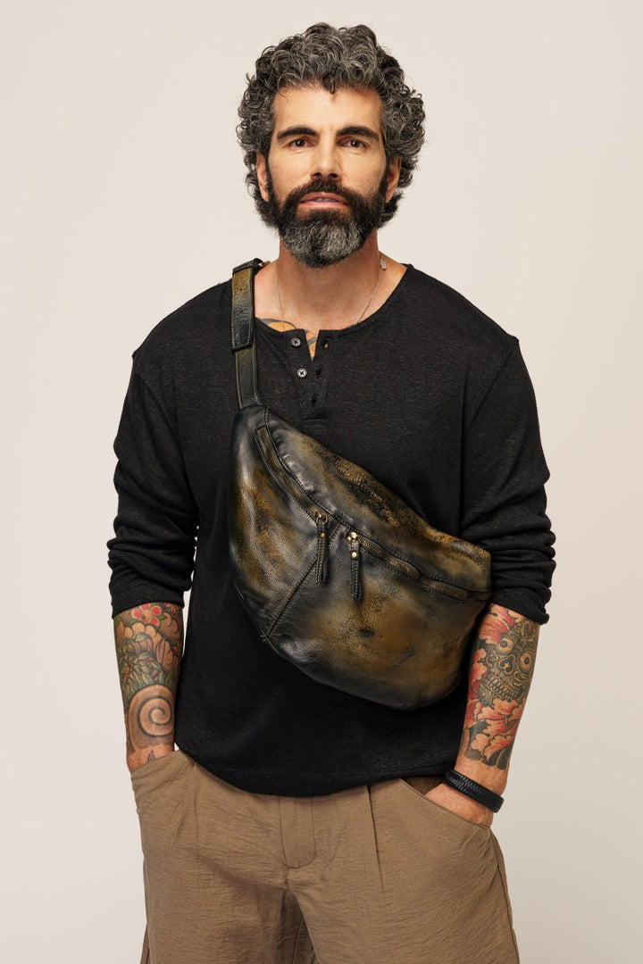 Men's Large Leather Crossbody sling bag, XL mens sling bag black, distressed leather mens sling bag, LUSHER RAW ONYX MENS SLING BAG. YEEZY CROSSBODY SLING BAG