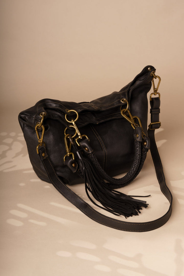 Calla Lily Convertible Hobo with removable woven strap and crossbody strap - Black | Lusher 